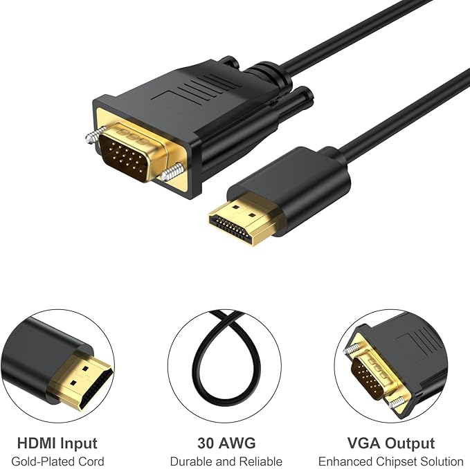 HDMI to VGA Cable 10-Pack, Computer HDMI to VGA Monitor Cord 6ft Male to Male NOT-Directional UHD 1080P@60Hz Video for Computer, Desktop, Laptop, PC, Monitor, Projector, HDTV and More