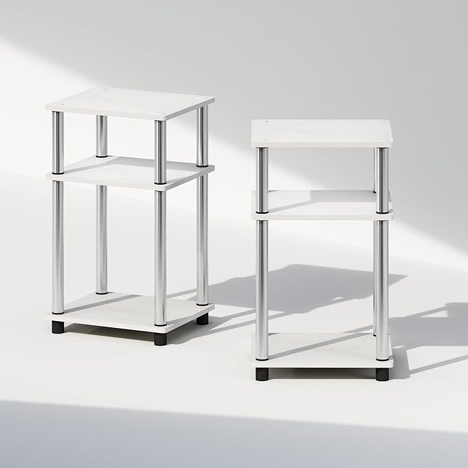 Furinno Just 3-Tier Turn-N-Tube Open Storage Nightstand, 2-Pack, Plastic Poles, White Oak/Stainless Steel