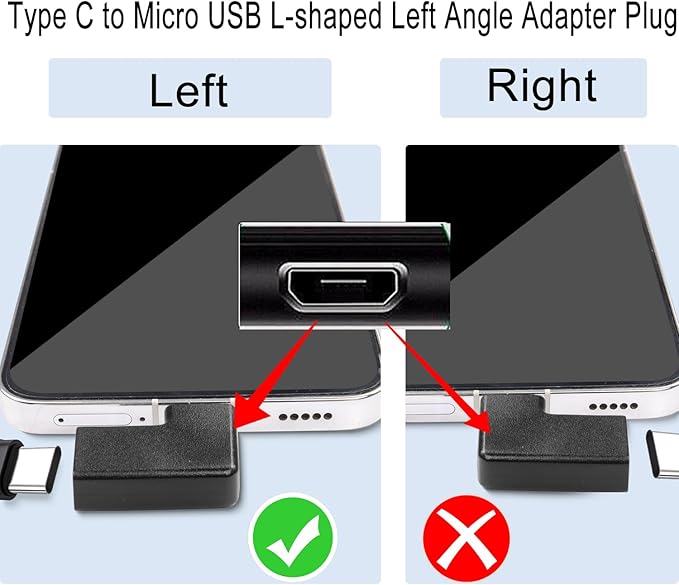 QIANRENON 90 Angle USB C to Micro USB Adapter - 10W (5V2A) 480Mbps, Left Angle Connector Plug, for Phone, Camera, MP3, MP4 - 2Pcs (Left Bend)