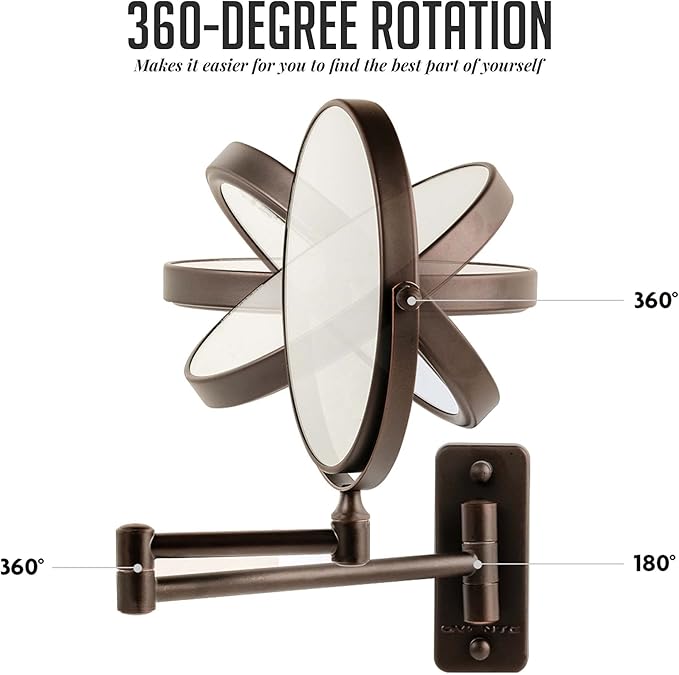 OVENTE 7" Wall Mounted Makeup Mirror with 1X/7X Magnification, Double Sided Magnifying Round Bathroom Vanity Mirror, 360° Swivel Design, Extendable and Folding Arm, Antique Bronze MNLFW70ABZ1X7X