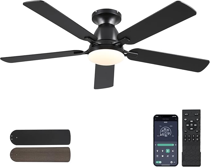 Ceiling Fans with Lights- 52" Low Profile Indoor Ceiling Fan with Light and Remote/APP Control, Flush Mount, LED Dimmable DC Reversible Modern Ceiling Fan for Bedroom（Black）