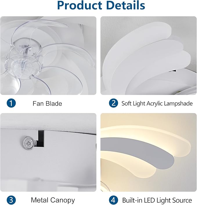 Ceiling Fan with Lights Remote Control, White Flower Ceiling Fan with Light, 3 Light Color 6 Speeds Low Profile Flush Mount Ceiling Fan for Kitchen Bedroom Living Room