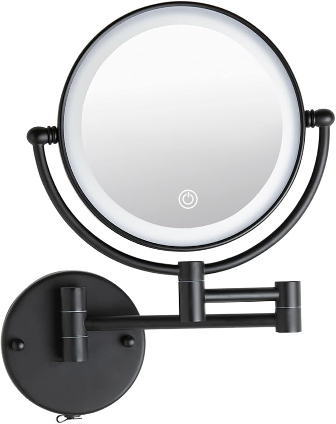 Wall Mounted Makeup Mirror with Lights and 10X Magnification, 8" Rechargeable Double Sided Touch Dimmable Foldable Extended Arm 360 Rotation for Bathroom, Matt Black