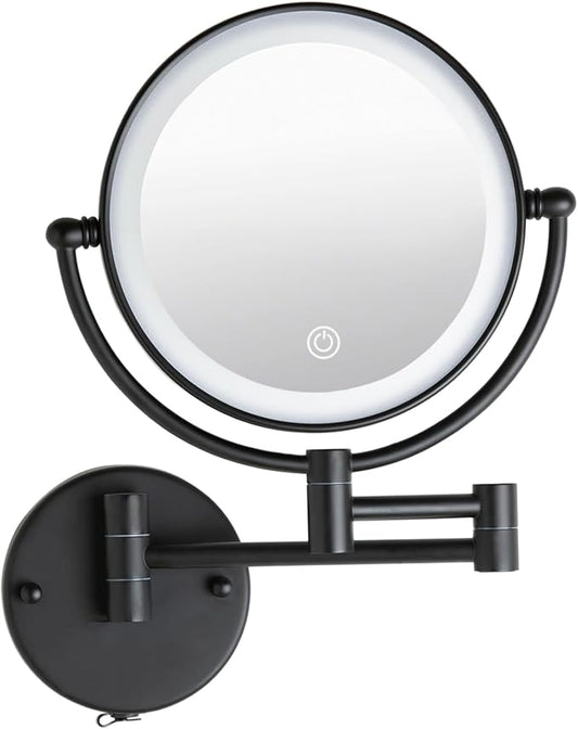 Wall Mounted Makeup Mirror with Lights and 10X Magnification, 8" Rechargeable Double Sided Touch Dimmable Foldable Extended Arm 360 Rotation for Bathroom, Matt Black
