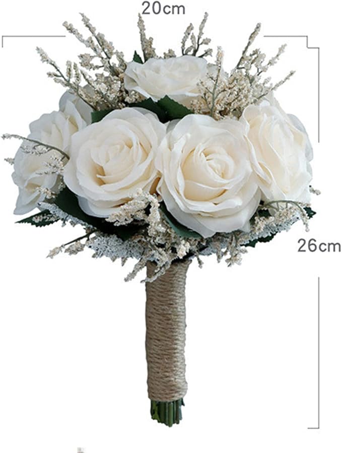 Wedding Bouquet Artificial Roses Flower Bride Bridal Bouquets Handmade Silk Creamy Flower Wedding Bridal Bouquets for Church Party Home Decoration (Cream)