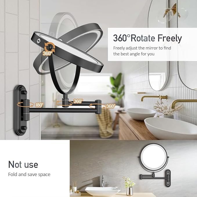 Rocollos Rechargeable Lighted Wall Mounted Makeup Mirror with 3 Color Lights,Dimmable Touch Screen,8 Inch LED Double Sided 1X/10X Magnifying 360°Flexible 13 Inch Retractable