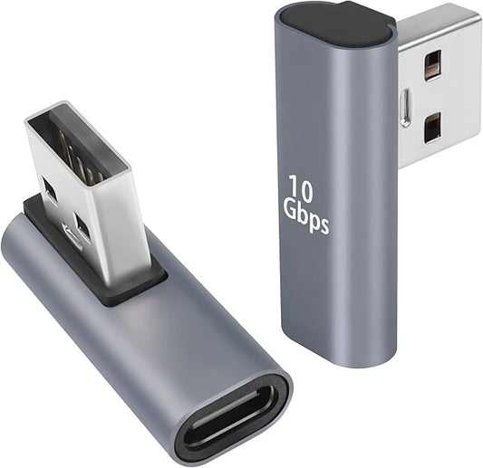 QIANRENON 90° Angle USB C to USB Adapter 10Gbps USB 3.1 Male to USB C Female Left Angle L-Shape Connector,Al Alloy Support 100W Charging, for PC Laptop Tablet, 2Pcs (Left Angle Vertical Bend)