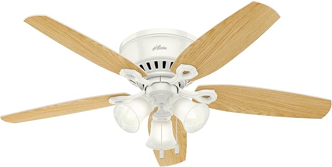Hunter 52 inch Indoor Ceiling Fan with LED Lights - White Ceiling Fan with Pull Chain, For Bedroom, Living Room, or Kitchen, Low Profile Mount, No Remote, 5 Blades - Builder 53326, Snow White