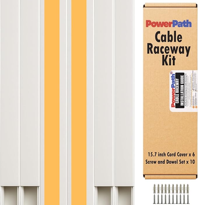 Cable Management Kit | 6 Pack x 15.7” (40cm) PVC Cable Raceway with Screws and Anchors | Paintable Wall Cord Cover for TV, Computer, and Home Office | Home Office Essentials