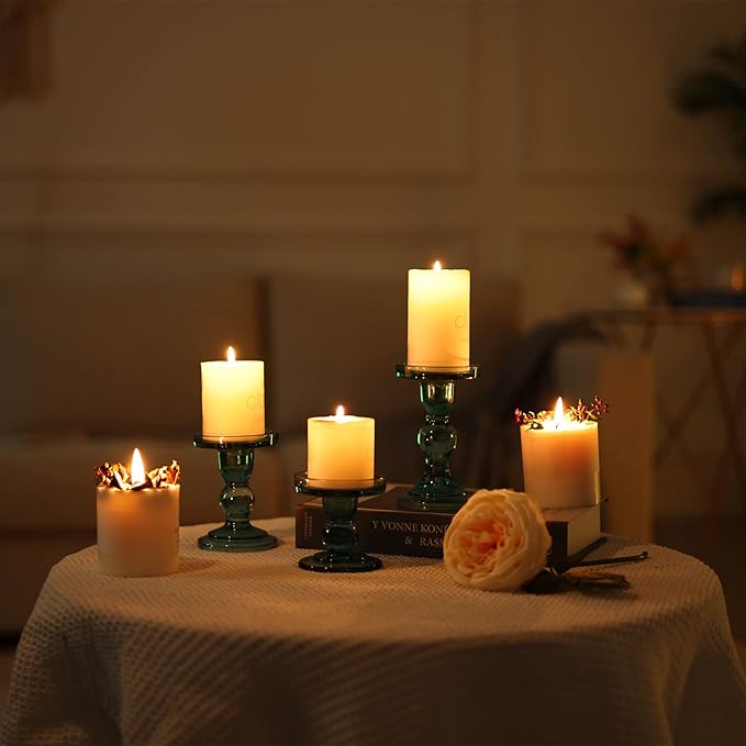 GMWD 3 Pcs Glass Candle Holder Set Clear, Green Candlesticks Holders Pillar Taper Candles Tealight Stand for Wedding Centerpieces Home Decorations Dining Table