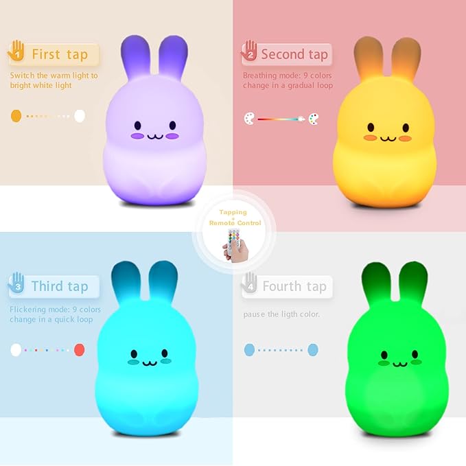 WHA&DARREN Night Light for Kids, Bunny Night Light, Silicone Nursery Light for Baby and Toddler, Animal Night Lights for Girls and Boys, Cute Lamps for Bedroom