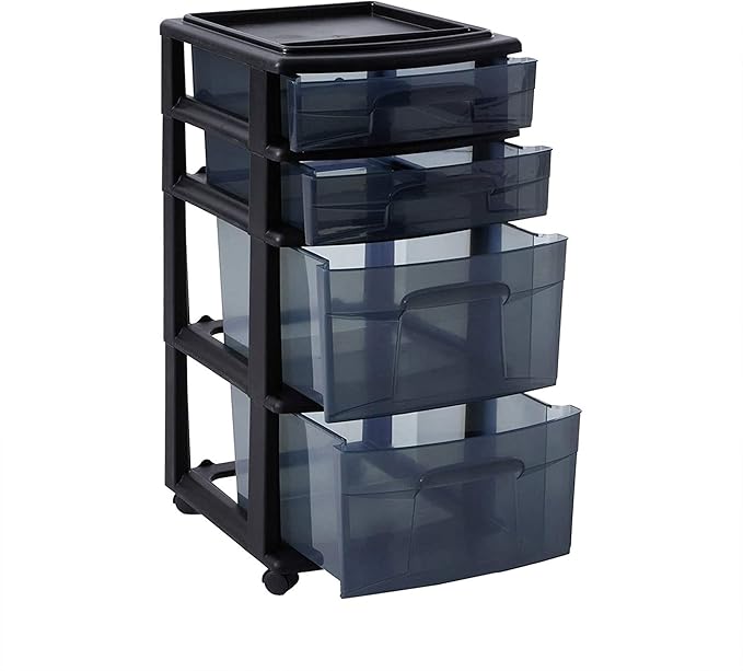HOMZ Drawer Tower, 4-Tier Clear Plastic Storage Organizer Cart, Black Frame - Rolling Drawer Containers with Wheels for Bathroom, Bedroom, Office, and Classroom Organization