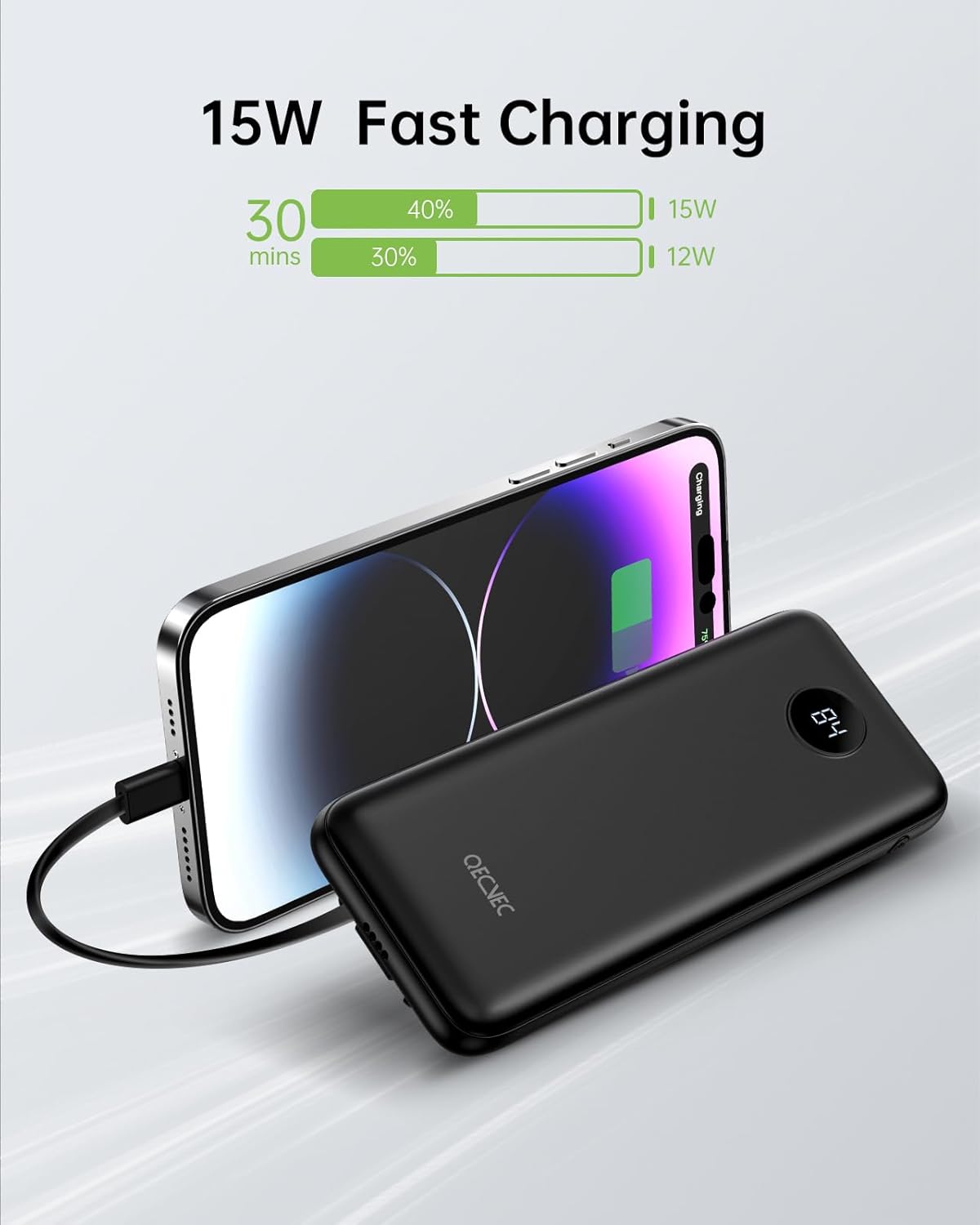 Portable Charger, 2-Pack 10000mAh Power Banks, 15W Fast Charging Battery Pack with Cords for iPhone, Galaxy, Pixel