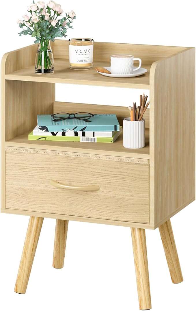 Yoobure Modern Nightstand with Fabric Drawer, Bedside Tables, Mid Century Nightstand with Open Storage Shelf, Wood Bedside Table, Small Night Stands for Bedrooms, 2-Tier Night Table