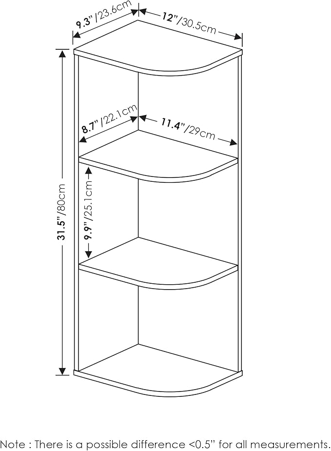 Furinno PASIR Book Shelf, 3-Tier Corner Bookshelf, Open Shelves Bookcase 9.3" x 12" x 31.5", for Living Room, Bedroom, Home Office, French Oak
