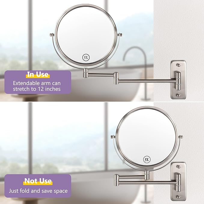 Wall Mounted Makeup Mirror, 1X/5X Magnifying Mirror Double Sided, 8 Inch Extendable Bathroom Mirror for Shaving, Nickel