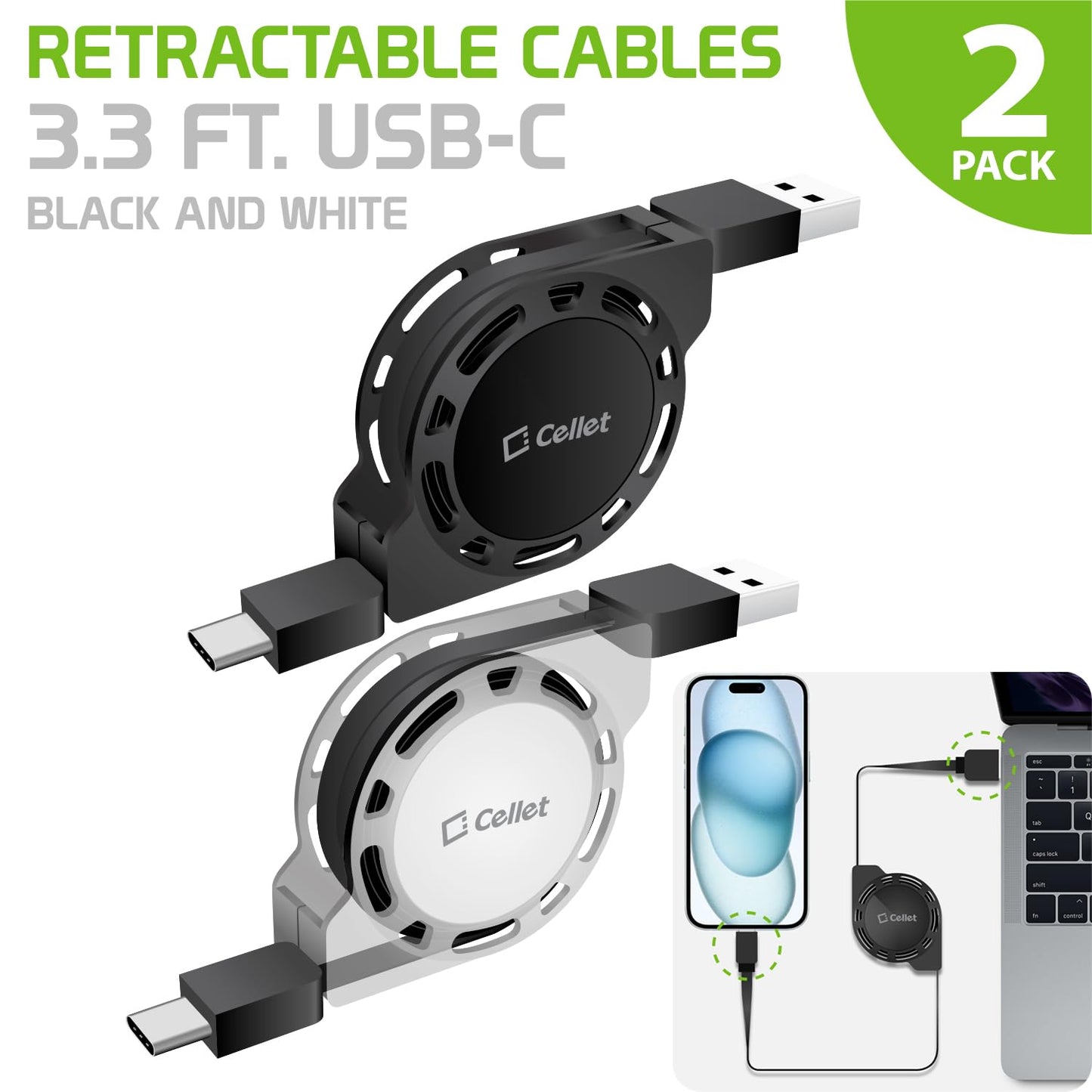 Retractable USB-C Charger Cable, 3 Feet, Compatible with iPhone 15 Series, Samsung Galaxy, Google Pixel, iPad