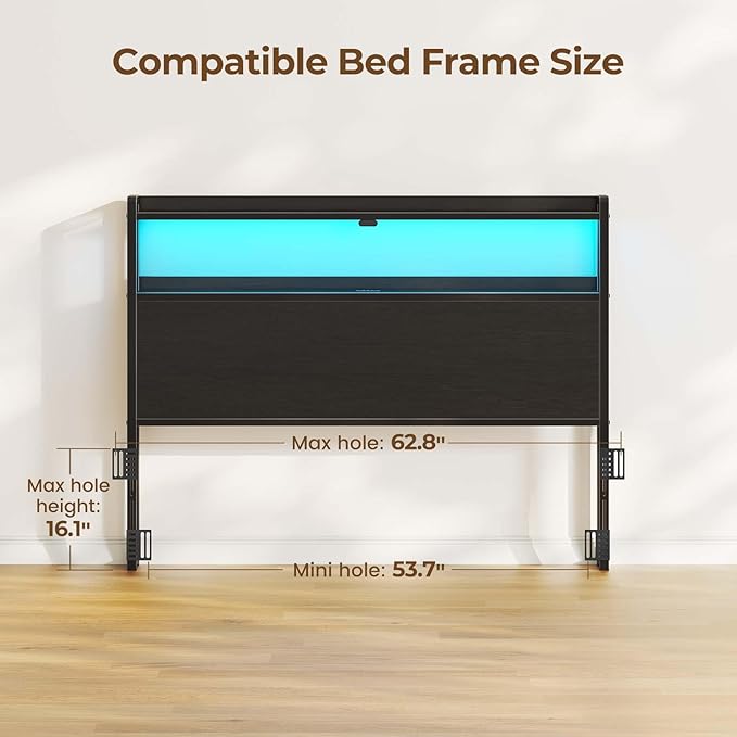 Rolanstar Headboard for Queen Size Bed with Storage, 60,000 DIY Color of LED Light, Head Board with USB & Type C Port, Height Adjustable, Black Cabeceras de Cama Comfortable Modern, Wood