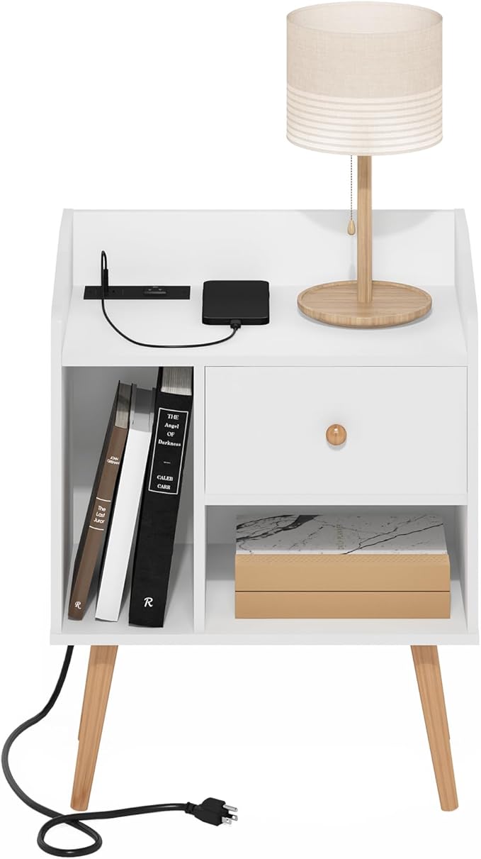 Furinno Claude Side Table, Mid Century End Table with Charging Station, Wooden Legs Night Stand, Bedside Table with USB and Type-C Charging Port, for Living Room, Bedroom, White