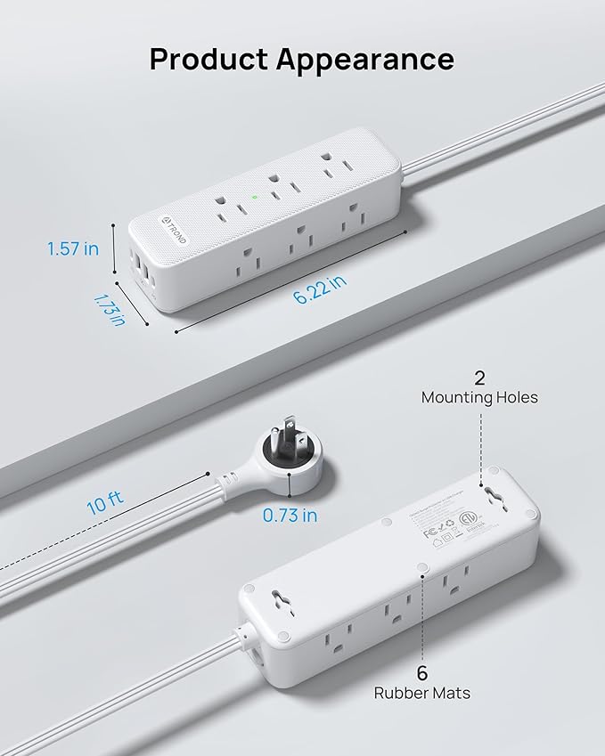 TROND 360° Rotating Flat Plug Power Strip with USB PD 20W, 10FT Flat Extension Cord Surge Protector 1300J with 9 Outlets 4 USB Ports, Wall Mountable, for Home Office Travel Dorm Room Essentials, White