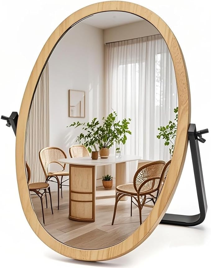Vanity Makeup Table Mirror - Desk Mirrors 360 Adjustable Rotation,Wood Framed Small Standing Mirror for Bedroom,Tabletop,Office,Antique,Dresser,Countertop 11.8'' x 7.8''