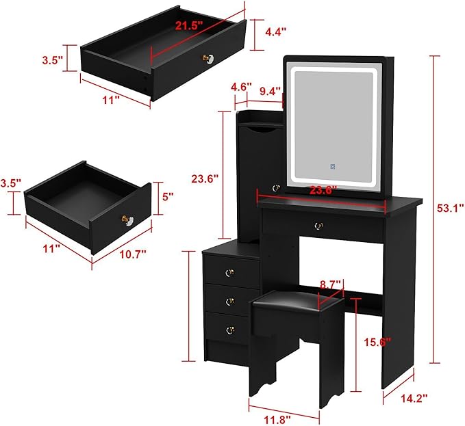 FAMAPY Vanity Mirror with Lights Desk and Chair, Vanity Desk with Sliding Lighted Mirror, Makeup Vanity with Lights, Drawers & Crystal Handles, Cushion Stool, Black