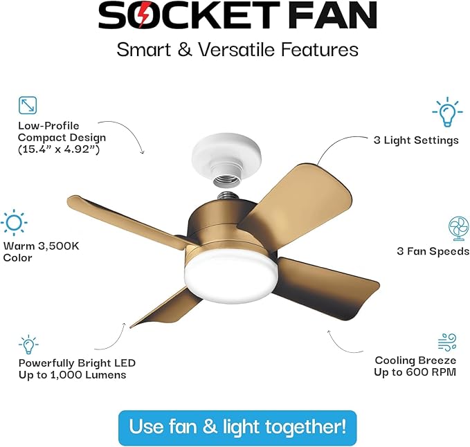 Bell+Howell Socket Breeze Cool Light Deluxe Bronze – Ceiling Fans with LED Lights and Remote Control, Replacement for Lightbulb - Bedroom, Kitchen, Living Room,1000 Lumens / 5000 Kelvins