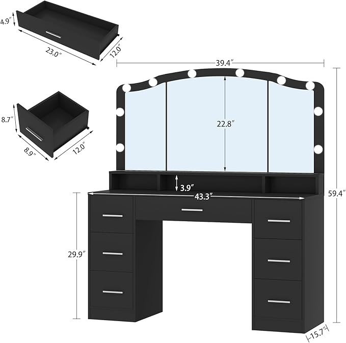 usikey 43.3" Vanity Desk with Large Lighted Mirror, Makeup Vanity Table with 7 Drawers & 10 Lights Bulbs, 3 Lighting Colors, Make Vanity Desk, Vanity Table for Women Girls, Black