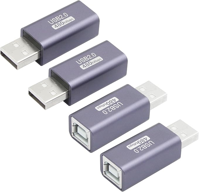 4Pcs USB 2.0 B Type Connector Adapter, USB A Male to USB B (MIDI) Female Power and Data Extension Adapter, Aluminum Alloy Housing, for Electronic Piano, Printer, Scanner etc.