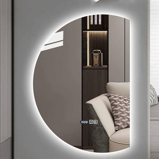 Half Moon LED Bathroom Mirror,Frameless Backlit Wall Mirror, Anti-Fog Smart Vanity Mirror,3 Colors Lights Dimmable Brightness and Time,Touch Switch (Left Semicircle, 100 * 70)