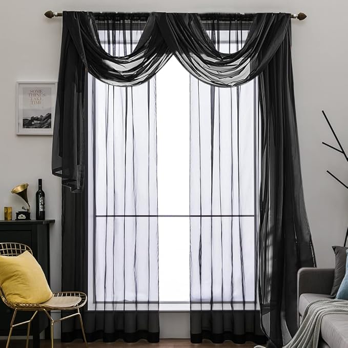 MIULEE Luxury Sheer Voile Elegant Topper Long Window Valance Solid Window Treatment Swags Drapes for Window Ceremony Wedding Canopy Bed 54" x 216" Black 1 Piece