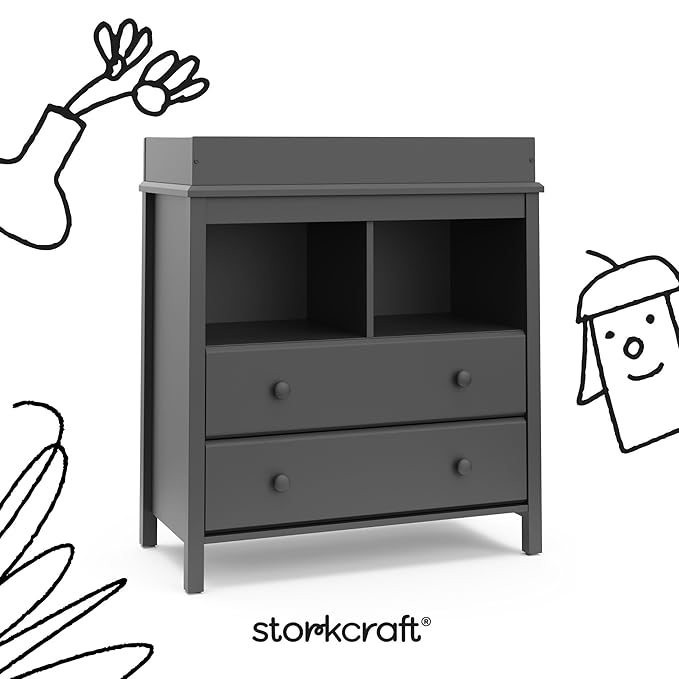 Storkcraft Alpine 2 Drawer Changing Table Chest (Gray) - Attached Changing Table Topper Fits Any Standard-Size Baby Changing Pad, 2 Drawers, 2 Shelves for Extra Nursery Storage, Easy to Assemble