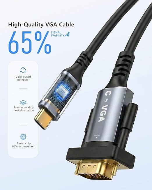 6FT USB C to VGA Cable 1080P@60Hz, VGA to USB C Adapter Cord [Thunderbolt 3/4 compatible] for iPhone 15 Pro/Max, MacBook Pro/Air 2023, iPad Pro, iMac, S23, XPS 17, Surface Book 3 - Gold-Plated