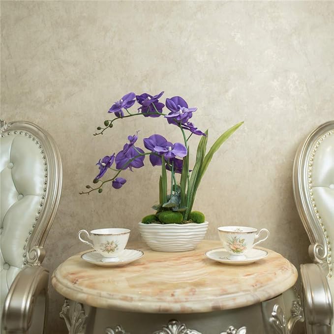 Large Artificial Potted Orchid Plant, Silk Flower Arrangement with Ceramics Vase, Purple