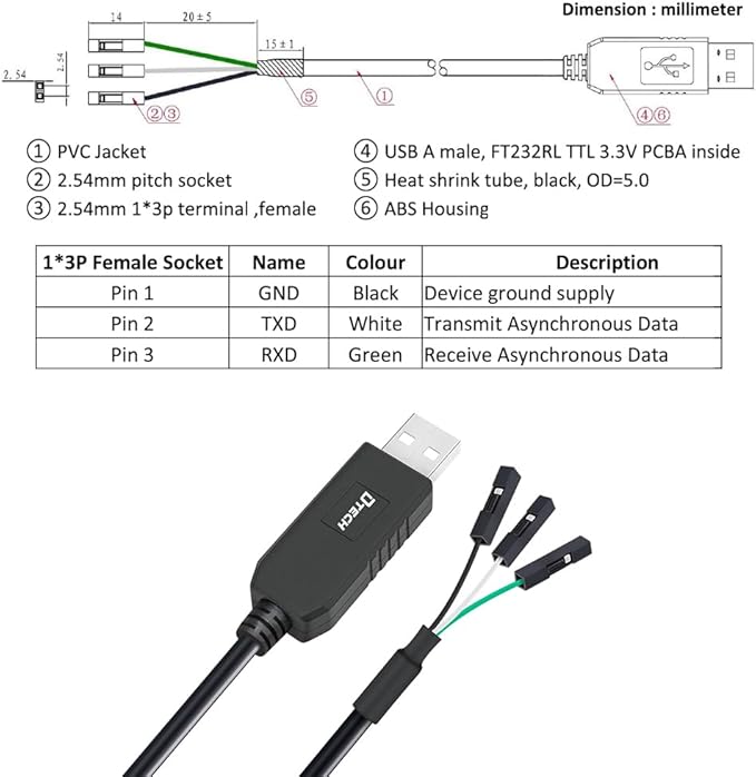 DTECH 3ft USB to TTL Serial Cable 3.3V 3 Pin TX RX Signal UART Adapter Debug Cord Genuine FTDI FT232RL Chip Compatible with Windows 11 10 8 7 Linux MAC OS 3Pin 3v3 2.54mm Dupont Female Header