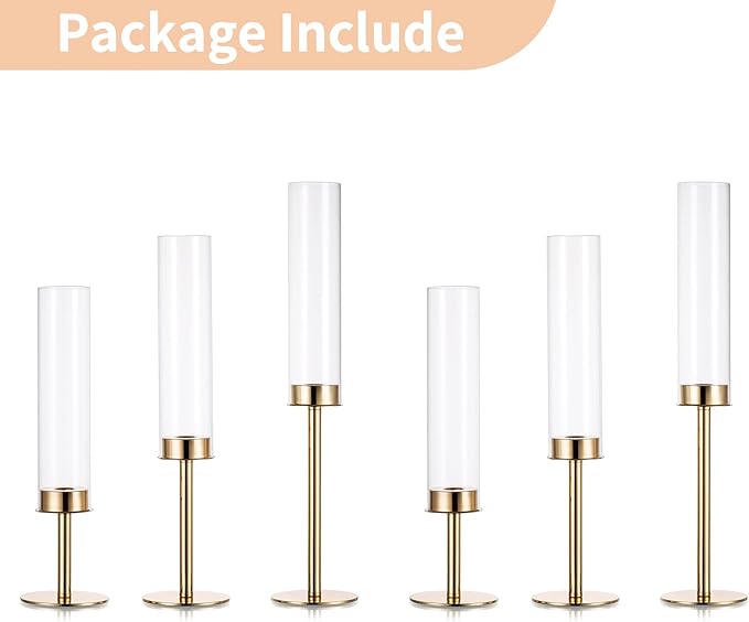 Nuptio Glass Hurricane Candle Holder: Set of 6 Gold Candlestick Holders - Long Stem Taper Candleholders for Christmas Tabletop Centerpiece Fireplace Decor Cylinder Candle Stand Windproof 14" 16" 18"