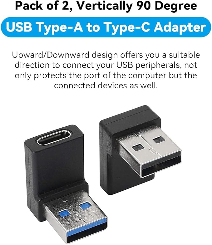 Herfair 90 Degree USB to USB C Adapter (2-Pack) Right Angle Type-C Female to A Male Converter USB3.2 C Type Plug Adapter Vertical USB Port Changer Extender Connector (Up+Down Angle)