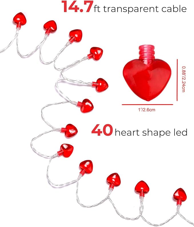 Luditek 14.7ft 40LED Mothers Day Decorations String Lights, Battery Operated Heart Shape Hanging Garland Valentines Day Decor for Indoor Outdoor Home Room Party Wedding