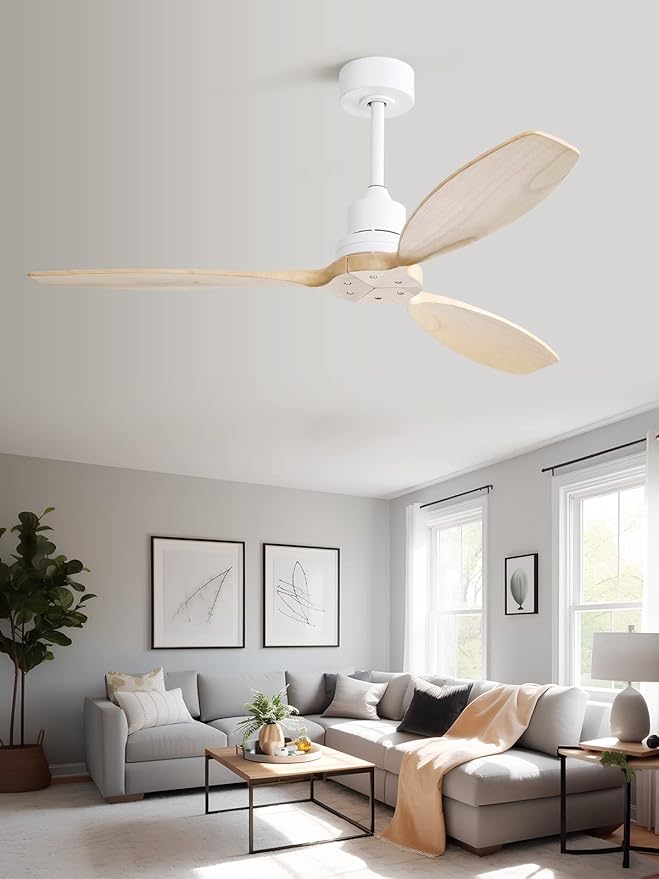 Sofucor Ceiling Fan without Lights, 52 Inch Low Profile Flush Mount Mordern Wood Ceiling Fan with Remote for Indoor Farmhouse Bedroom Living Room Outdoor Patio Porch, Reversible DC Motor, Noiseless