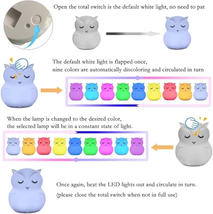 Owl Night Light for Kids, Rechargeable LED Bedside Lamp for Children, 9 Changing Color Silicone Nursery Lamp for Breastfeeding, Eyes Caring, Tap Adjustable Brightness & Colors