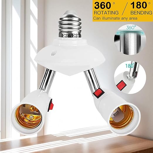 2-in-1 Light Socket Extender, E26/E27 to 2 Bulb Adapter with Adjustable Arms, 360° Rotatable for Ceiling Fan/Lamp Holder, UL Listed, Extension Splitter with Power Switch(White)