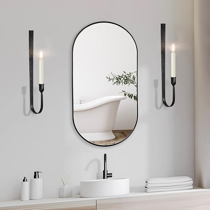 Black Wall Candle Holder Set of 2, Metal Wall Mount Candle Sconces Holder, Modern Wall Decoration for Living Room, Dining Room, Fireplace, and Weddings