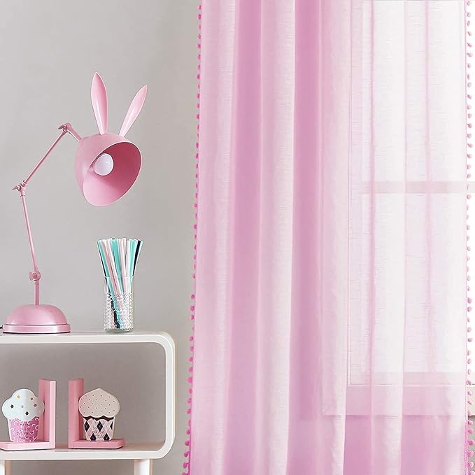 Treatmentex Sheer Curtains for Bedroom Nursery Room Pink 72 inches Long Linen Texture Slub Pom Pom Voile for Windows 52" W x 2 Panels Rod Pocket