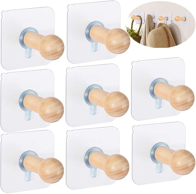 Wooden Adhesive Hat Hooks for Wall 8lb-No Drill Adhesive Hangers, Sticky Hat Hanger Stick On Door Closet Cabinet Wardrobe Entryway-8 Packs
