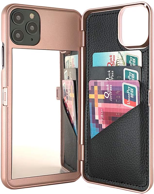 Hidden Back Mirror Wallet Case for iPhone 11 Pro Max (2019) 6.5 inch with Stand Feature and Card Holder (Rose Gold)