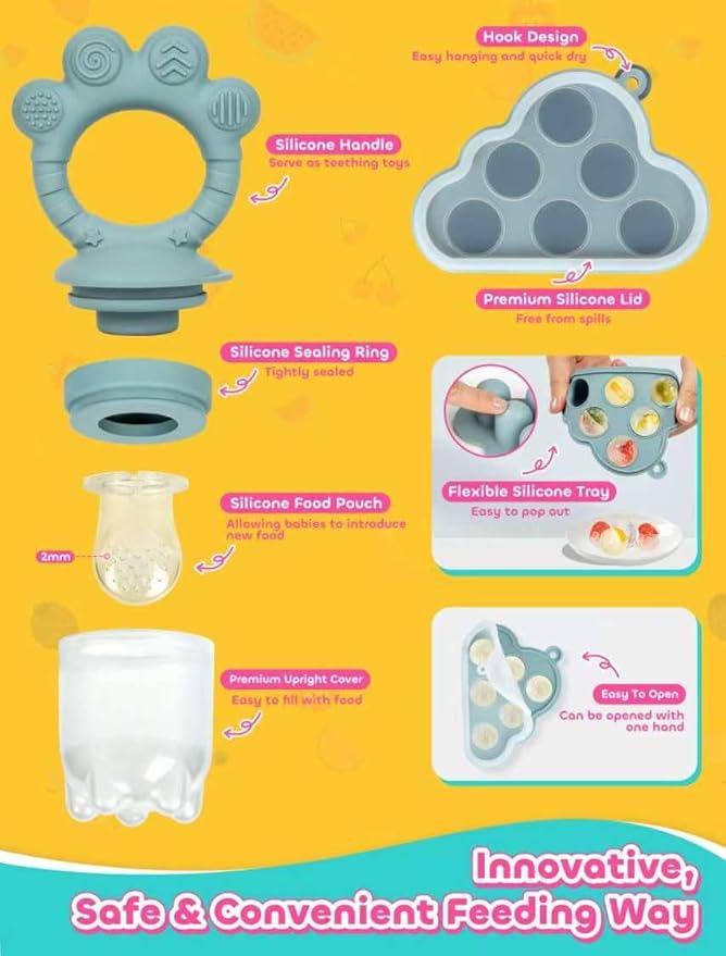 Baby Popsicle Molds & Food Feeder Set, Baby Fruit Feeder for Infant Teething Relief & Safe Infant Self Feeding 4 Months+ Starting Solids for Essentials (Green+Blue)