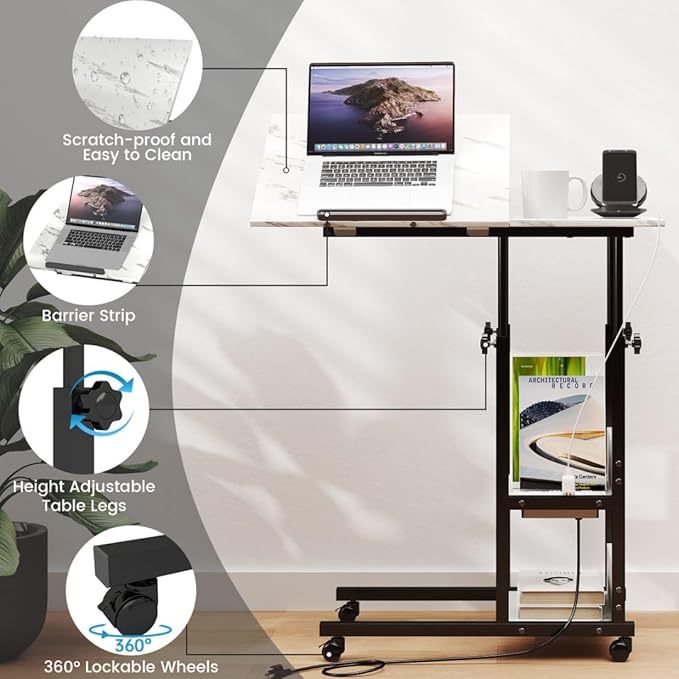 Hadulcet Adjustable C Table with Charging Station, Tiltable Desk C Shaped End Table for Couch, Over Bed Table with Wheels Adjustable Height, Hospital Table Laptop Stand Drawing Desk, Marble White