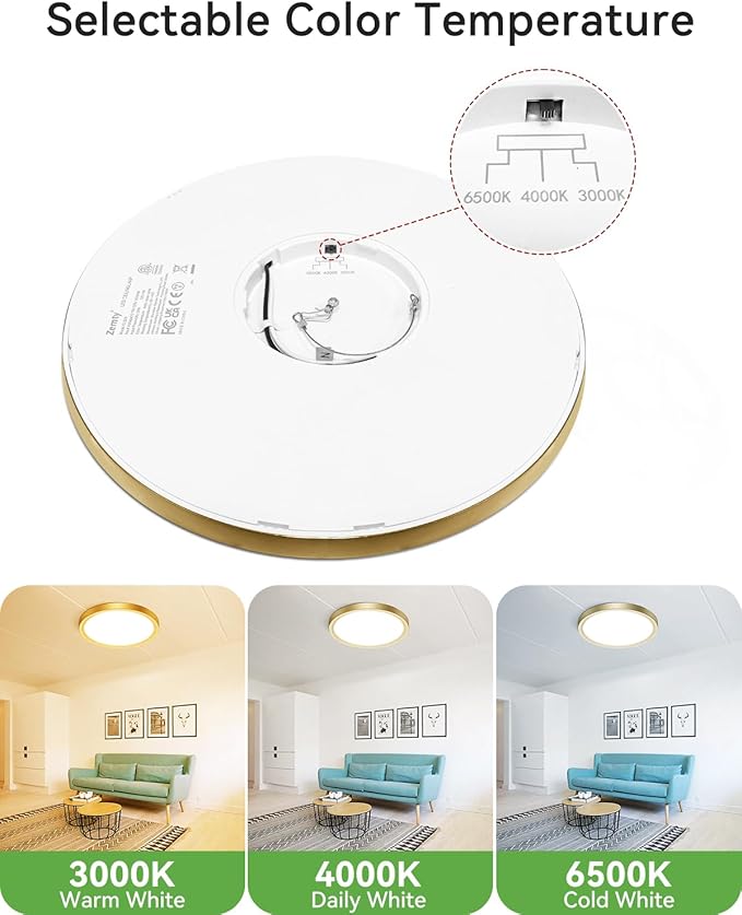 zemty LED Ceiling Light Golden - 12In 28W Aureate Flush Mount Ceiling Light, 3 Color Temperature 3000K/4500K/6000K - 3200lm Gilded Round Flat Light Fixture for Kitchen Bathroom Shower