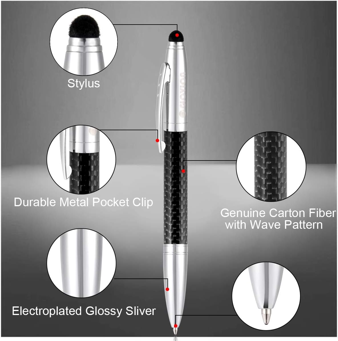 Glovion Multicolor Ballpoint Pen with Stylus Tip, 2 in 1 Carbon Fiber Ink Writing Pens with 3 Replacement Tips