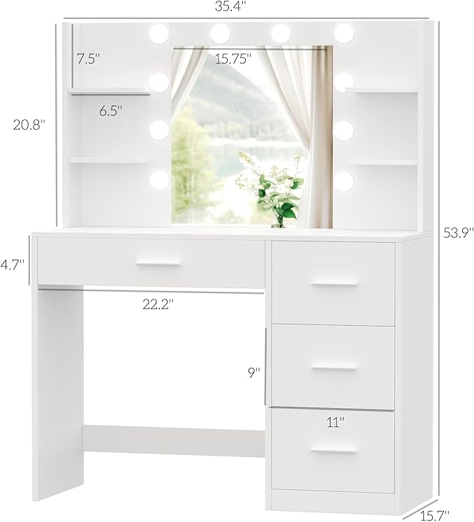 Irontar Vanity Desk, Makeup Vanity with 10 LED Lights & 4 Drawers, Brightness Adjustable, Dressing Table with 6 Open Storage, Makeup Table for Women, White WDT003W